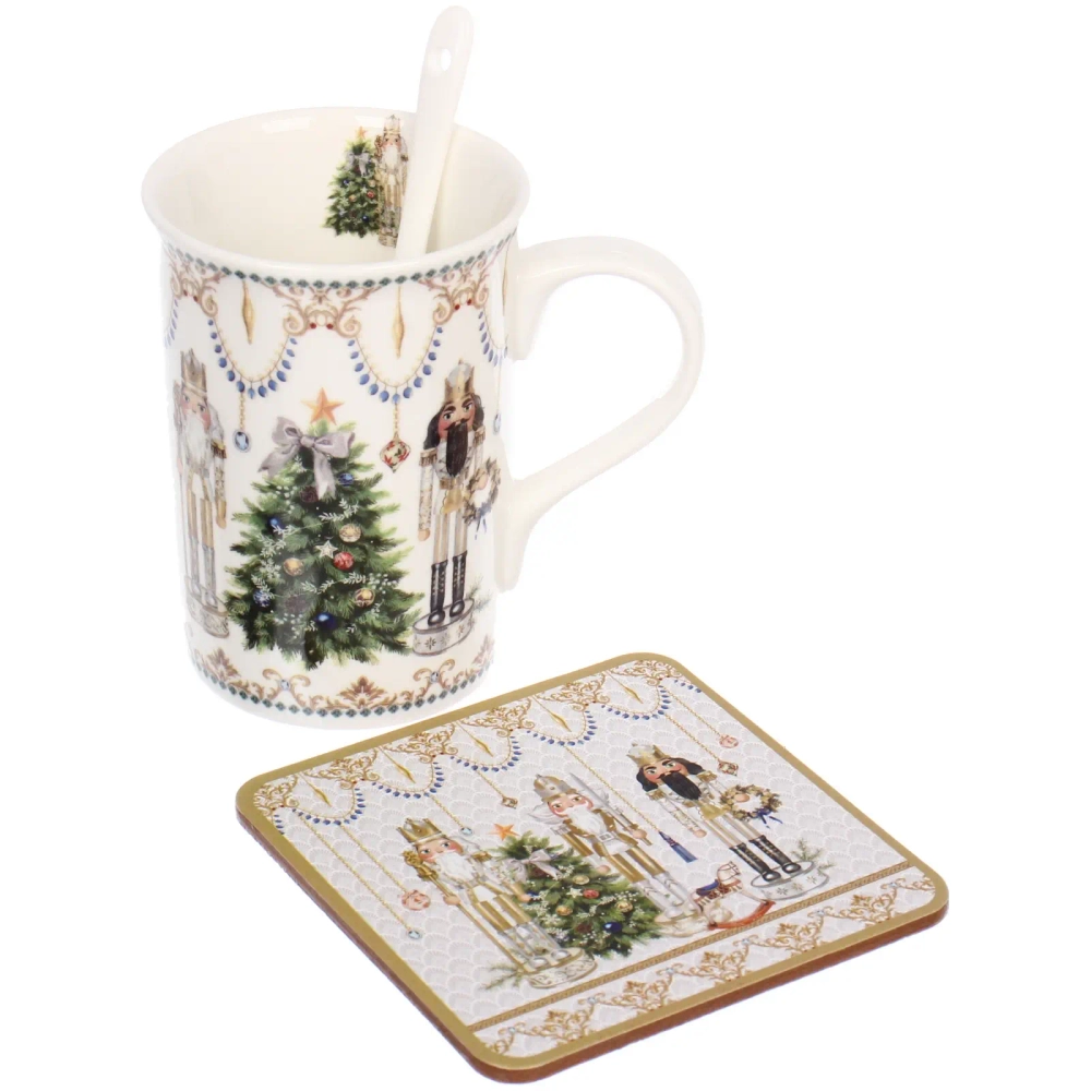 Кружка керамическая 300мл «Щелкунчик» в наборе с ложкой и подставкой, в подарочной коробке