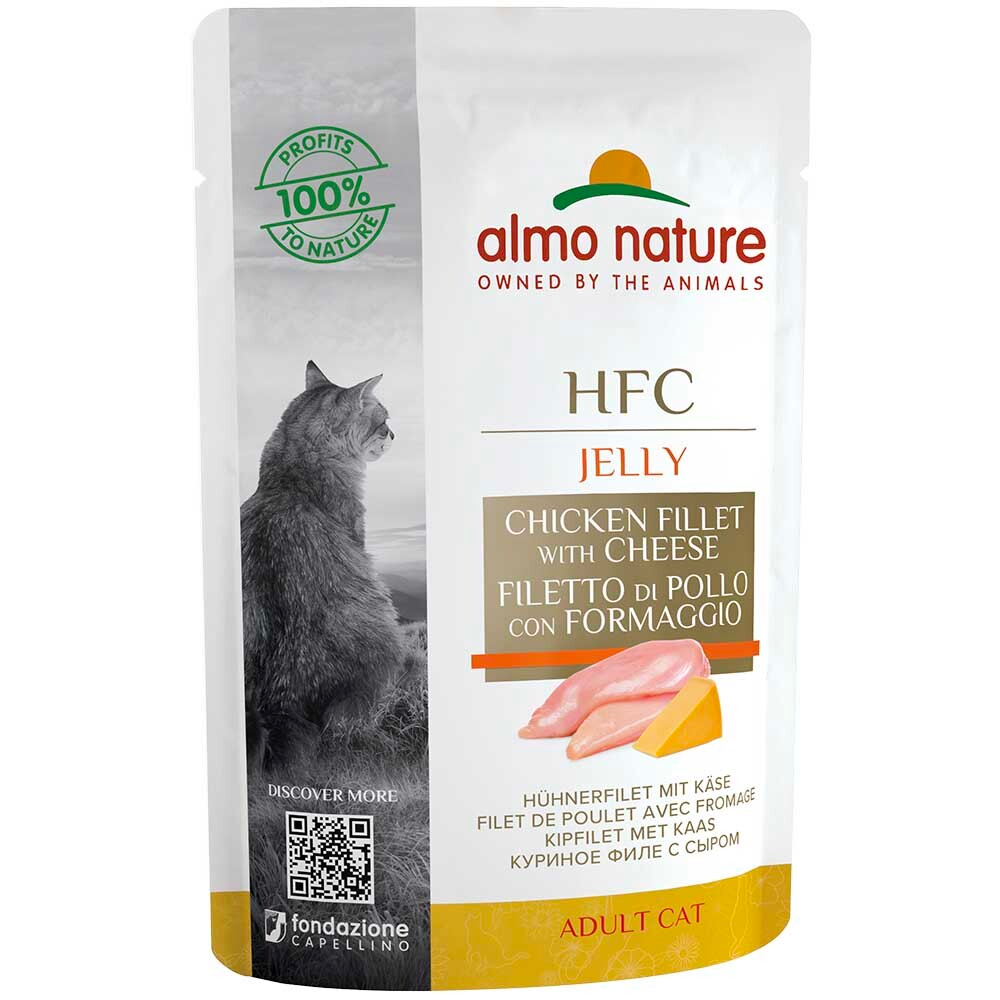 Almo Nature консервы для кошек "HFC Jelly" с куриным филе и сыром (43% мяса) (желе) 55 г пакетик