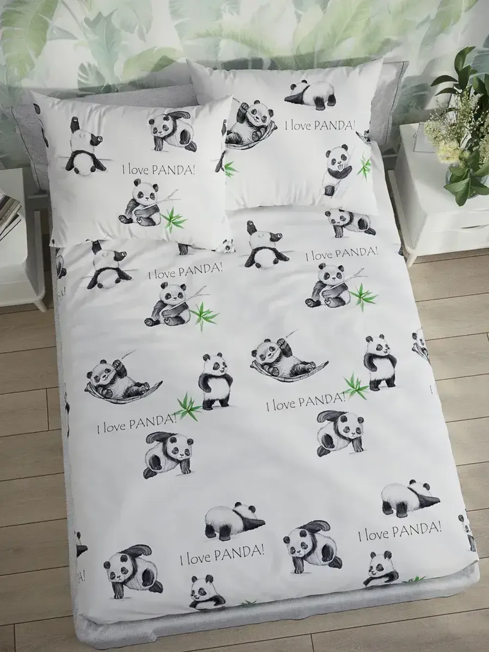 Постельное белье перкаль Сказка "Панды" семейное Наволочка 50х70 см 2 шт Простынь на резинке 160x200 см Пододеяльник 145x215 см 2шт