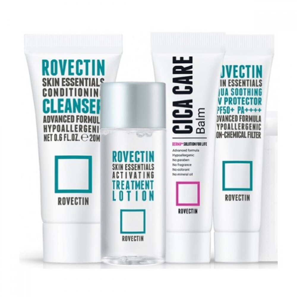 Набор миниатюр ROVECTIN Rovectin 4-Step Try Me KIT (гель для умывания 20 мл, лосьон 15 мл, бальзам для лица  10 мл, солнцезащитный крем 10 мл, косметичка)