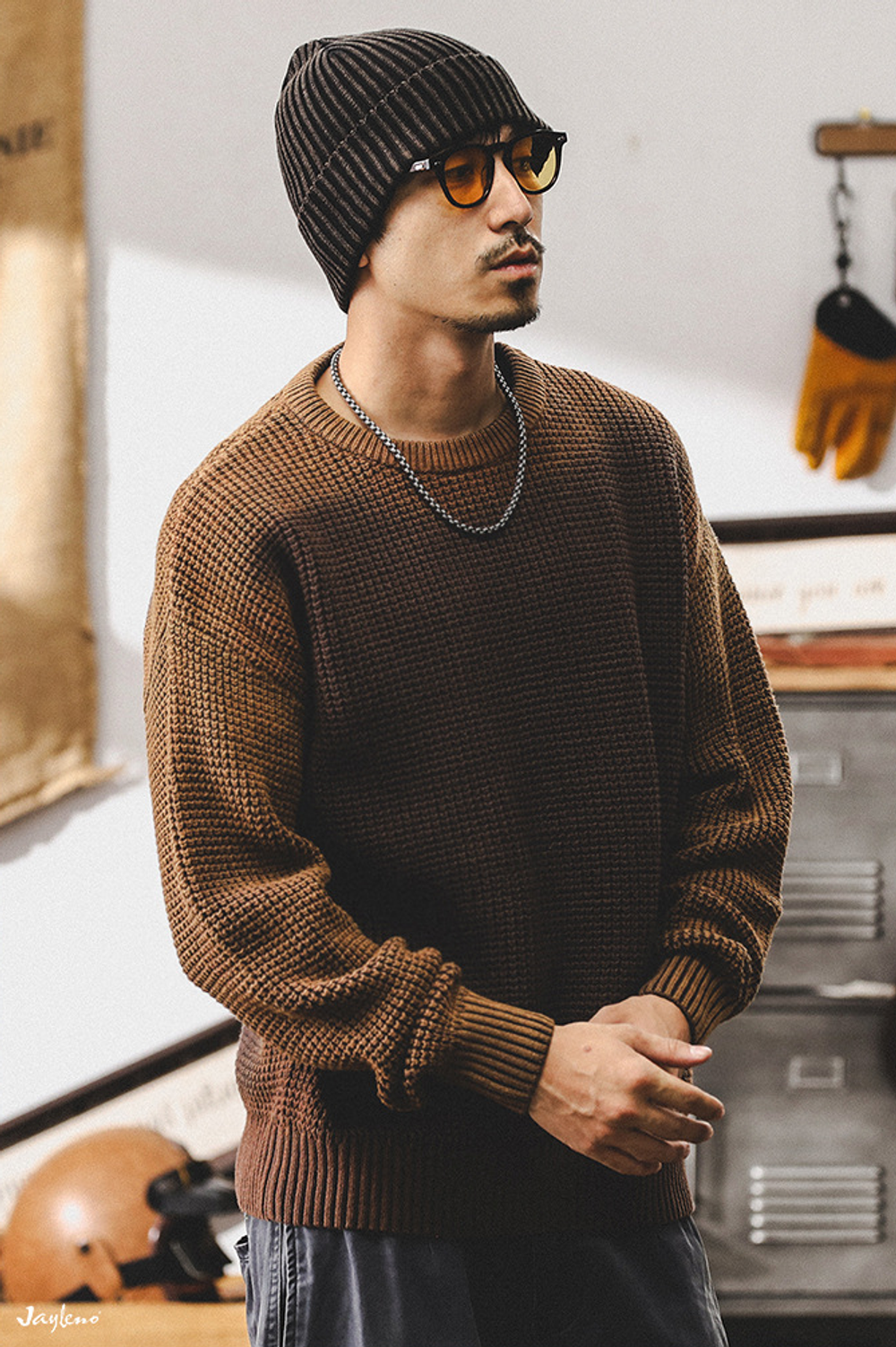 Американский ретро свитер мужской варёный с круглым воротом