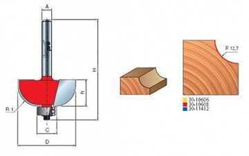 Фреза полукруглая выпуклая с подшипником (38.1х16.3 мм; хвостовик 8 мм) FREUD PRO 30-10608
