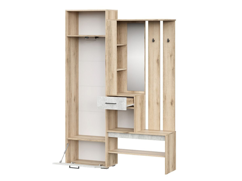 Прихожая с зеркалом комплект мебели Дуб Делано/Цемент Светлый, Фаворит, 142х35,2х205,6 см SV-Мебель