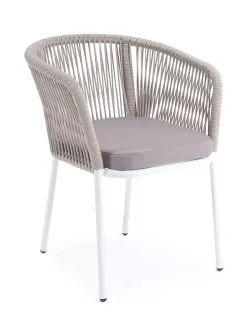 "Марсель" стул плетеный из роупа, каркас алюминий светло-серый (RAL7035) муар, роуп бежевый круглый, ткань бежевая 15052