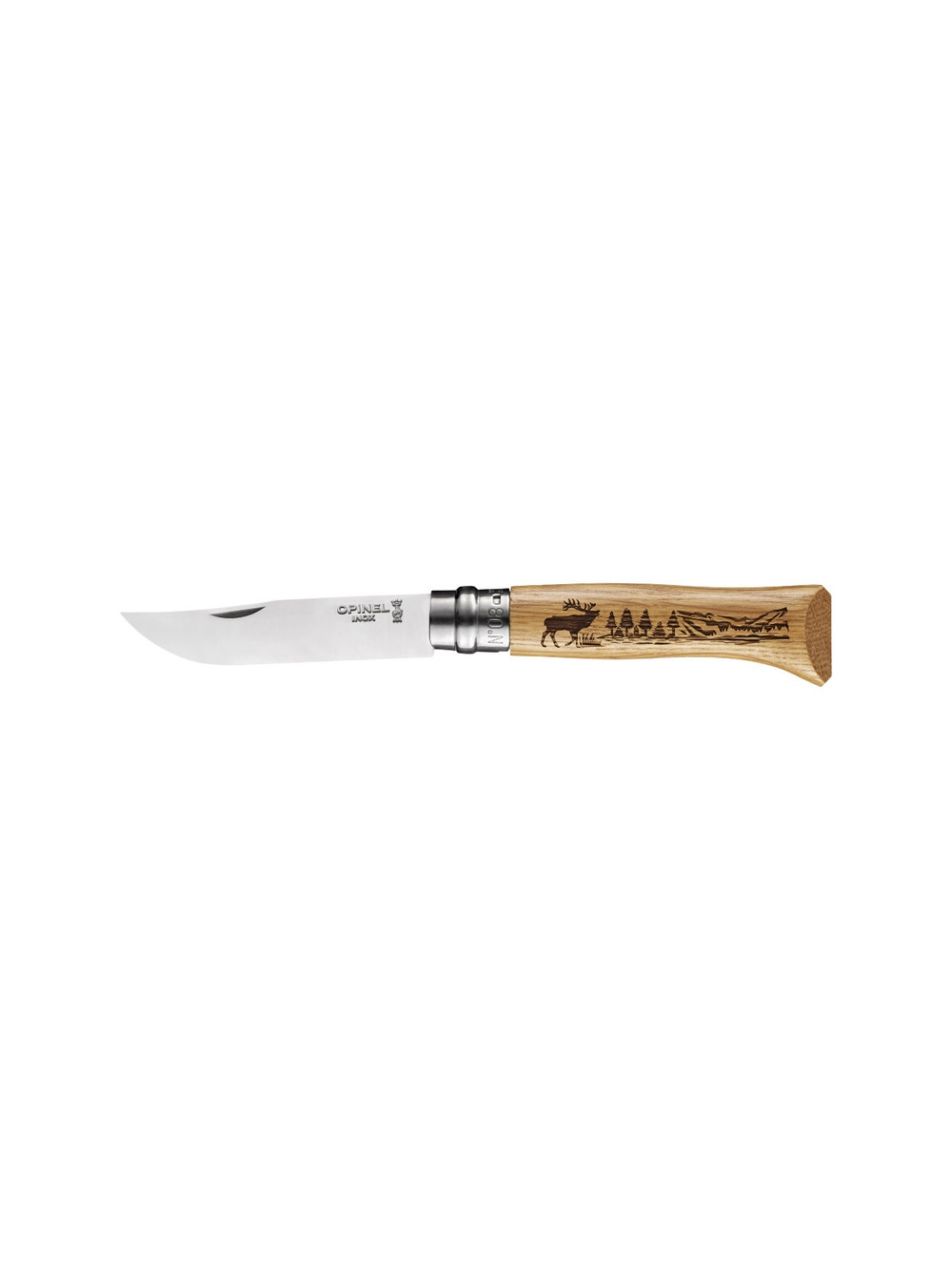 Нож Opinel №8, нержавеющая сталь, рукоять дуб, гравировка олень, 002332