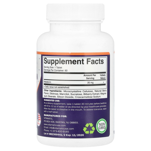 Vitamatic, Жидкий мелатонин, натуральные ягоды, 20 мг, 59 мл (2 жидк. Унции)