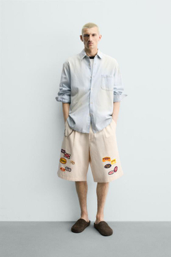 ZARA БЕРМУДЫ BAGGY FIT С НАШИВКАМИ, БЕЖЕВЫЙ