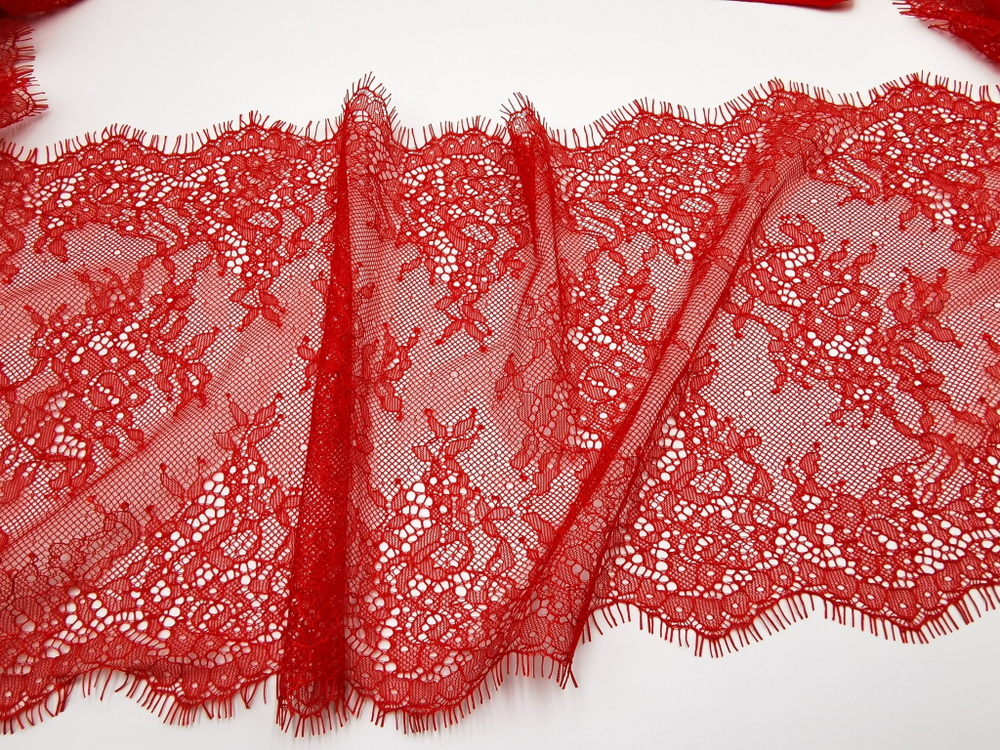 Кружево шантильи, ОПТ, с ресничками, красный, 23 см, купон, SK-2403, купон (3м)