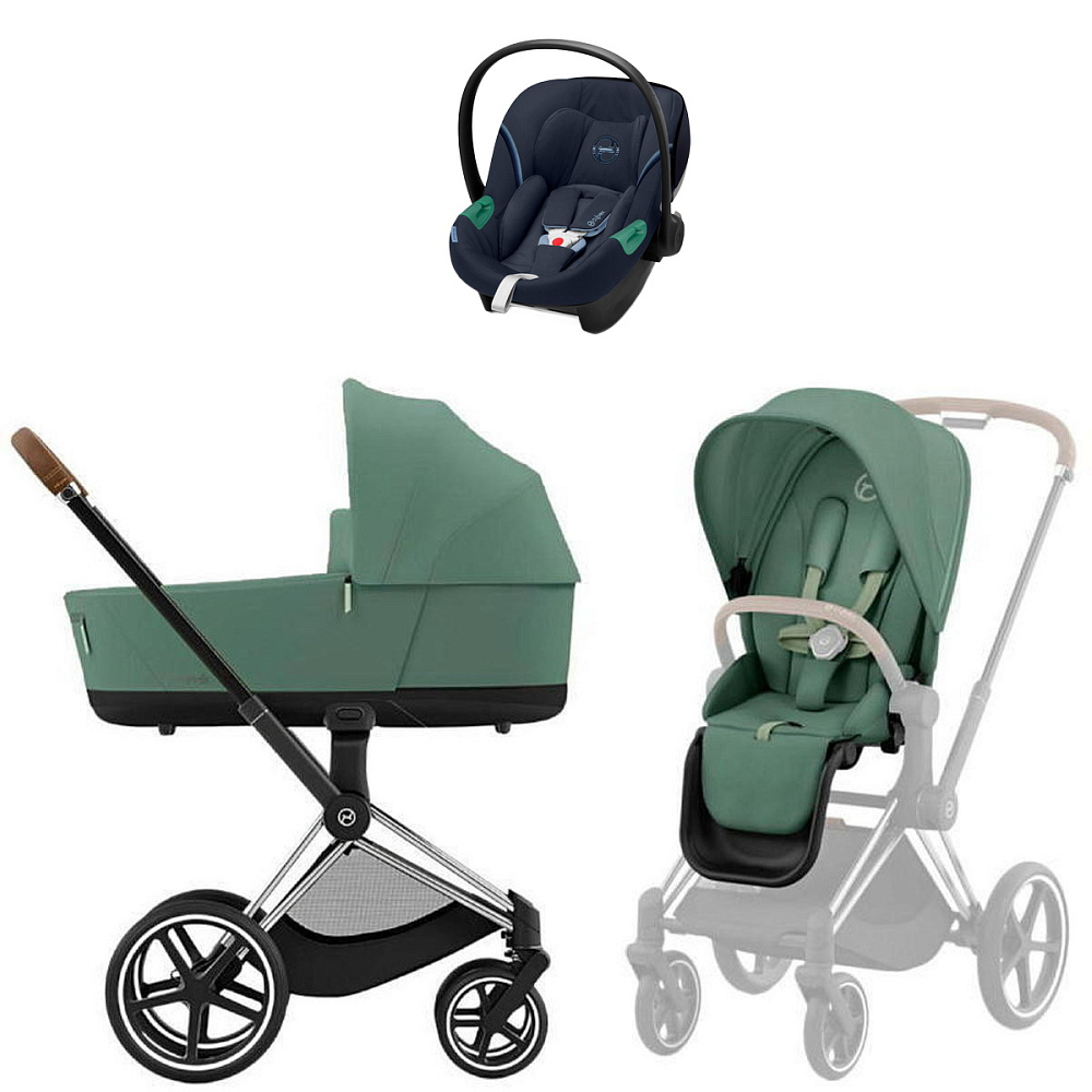 Коляска Cybex Priam IV Chrome Brown complete Aton S2 Ocean Blue Base One 4 в 1 Leaf Green