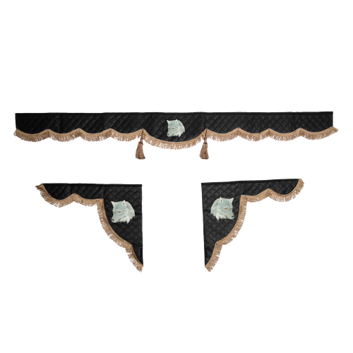 Ламбрекен с косынками универсальные стеганые Волк (экокожа, черный, коричневые кисточки)