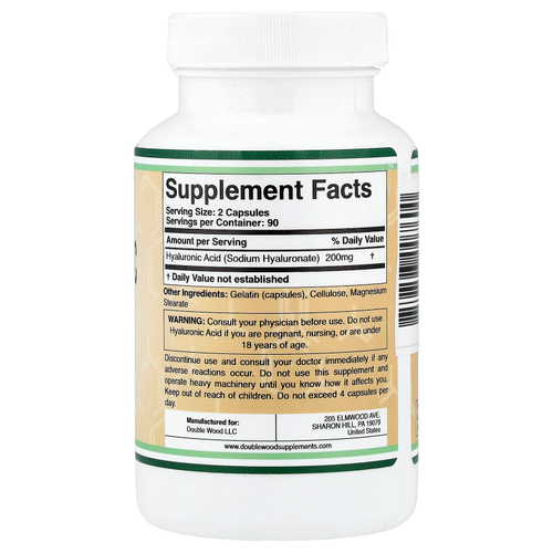 Double Wood Supplements, гиалуроновая кислота, 180 капсул (100 мг в 1 капсуле)