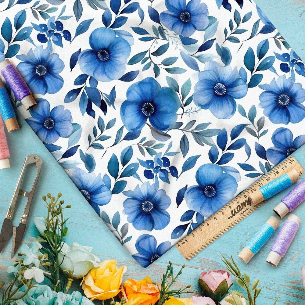 Ткань премиум флис голубая цветочная фантазия