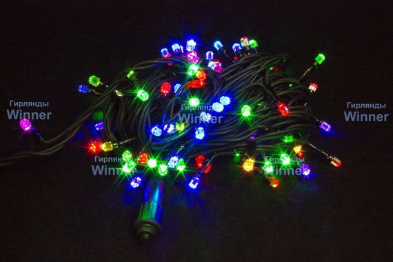Светодиодная нить кристалл 10 м., 220V, 100 разноцветных LED ламп, черный каучук, соединяемая, Winner (m.01.7B.100+1,3)