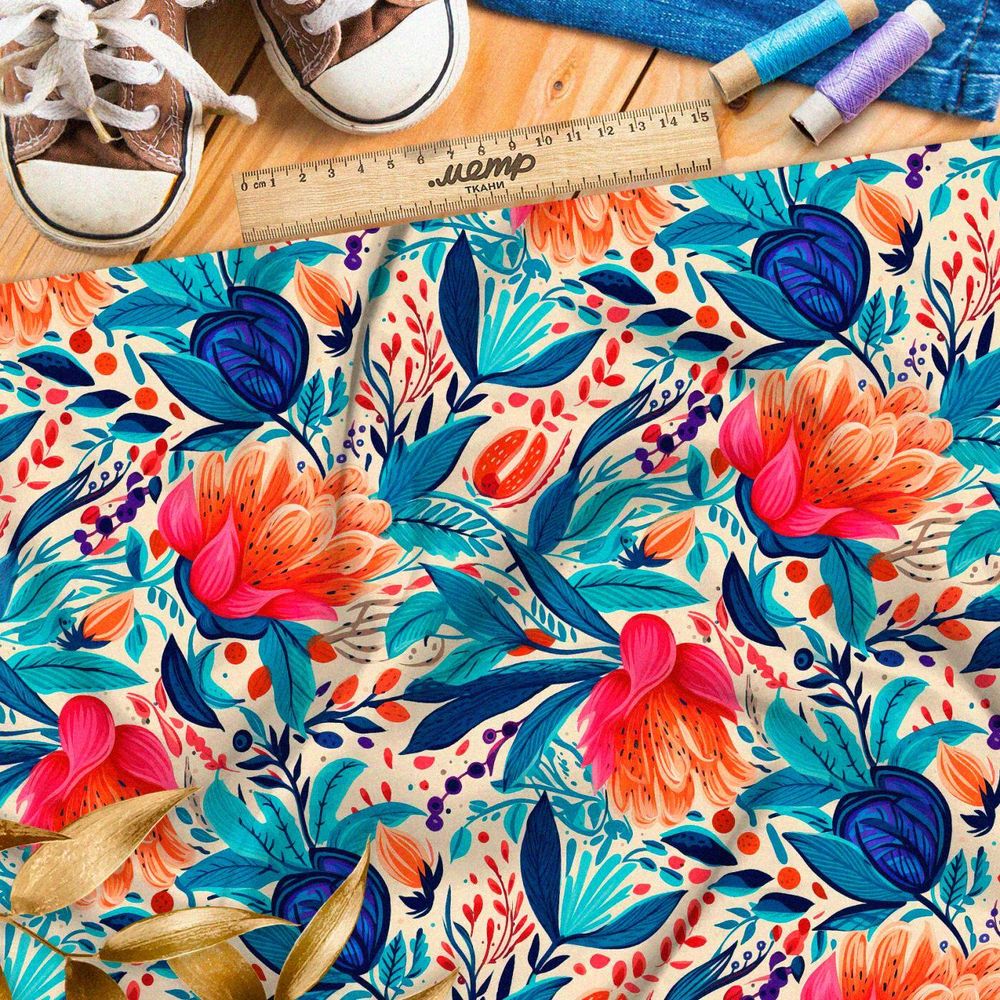 Ткань премиум шелк искусственный Армани цветочная иллюстрация