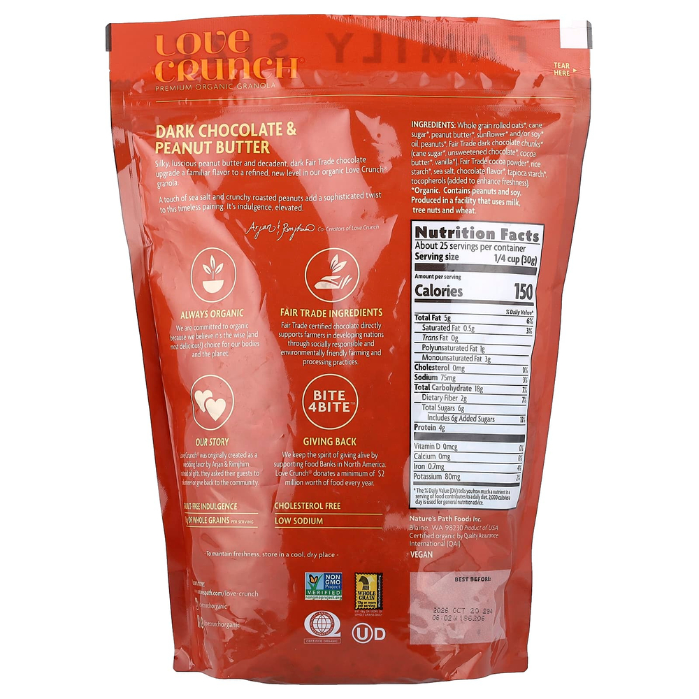 Nature's Path, Love Crunch®, органическая гранола премиального качества, темный шоколад и арахисовая паста, 750 г (26,4 унции)