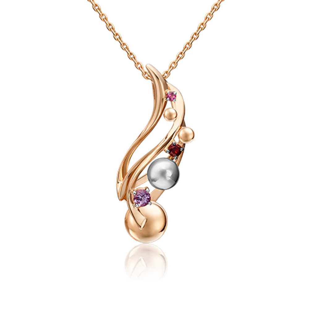 Подвеска «Кометы» из комбинированного золота с аметистом и гранатами