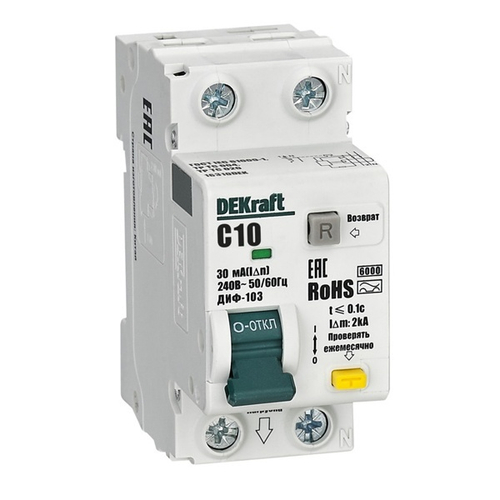 Дифференциальный автомат ДИФ-103 New электронный C10А 30мА тип АС 1P+N 6кА DEKraft (дифавтомат, АВДТ) 16310DEK