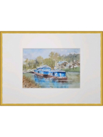 Картина авторская акварельная в паспарту 21х30 см на стену для интерьера "Пристань у кремля. Рязань"