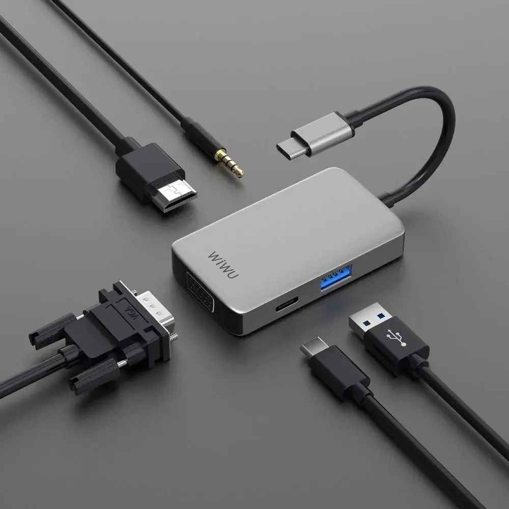 Адаптер Wiwu Alpha USB-C 5 в 1 на USB 3.0/Type-C/HDMI/VGA/Stereo (A513HVP) (Grey)