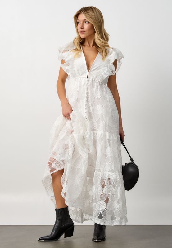 Платье кружевное V-вырез макси с карманами