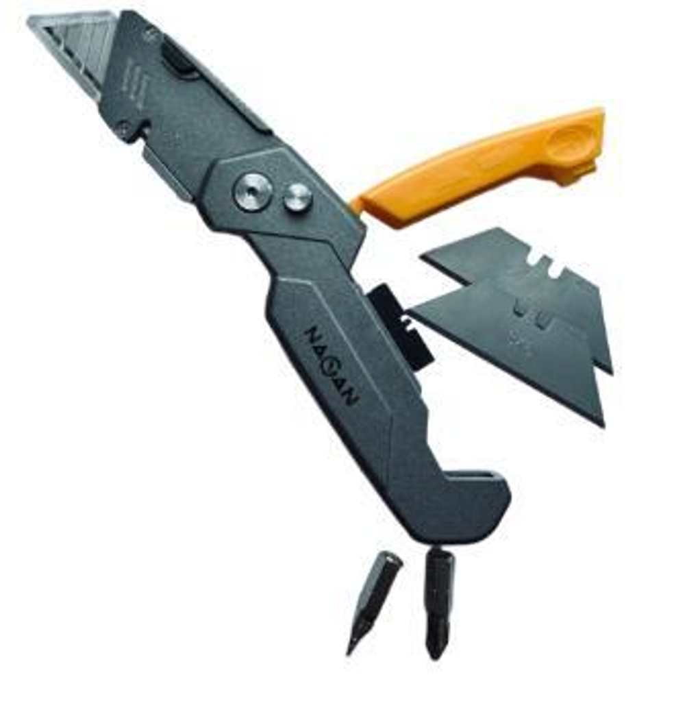 Нож пистолетный 19мм трапец./алюмин.,складной +2лез +биты PH2 и SL5.5   NAGAN   (НГ-НС-ТР-070)