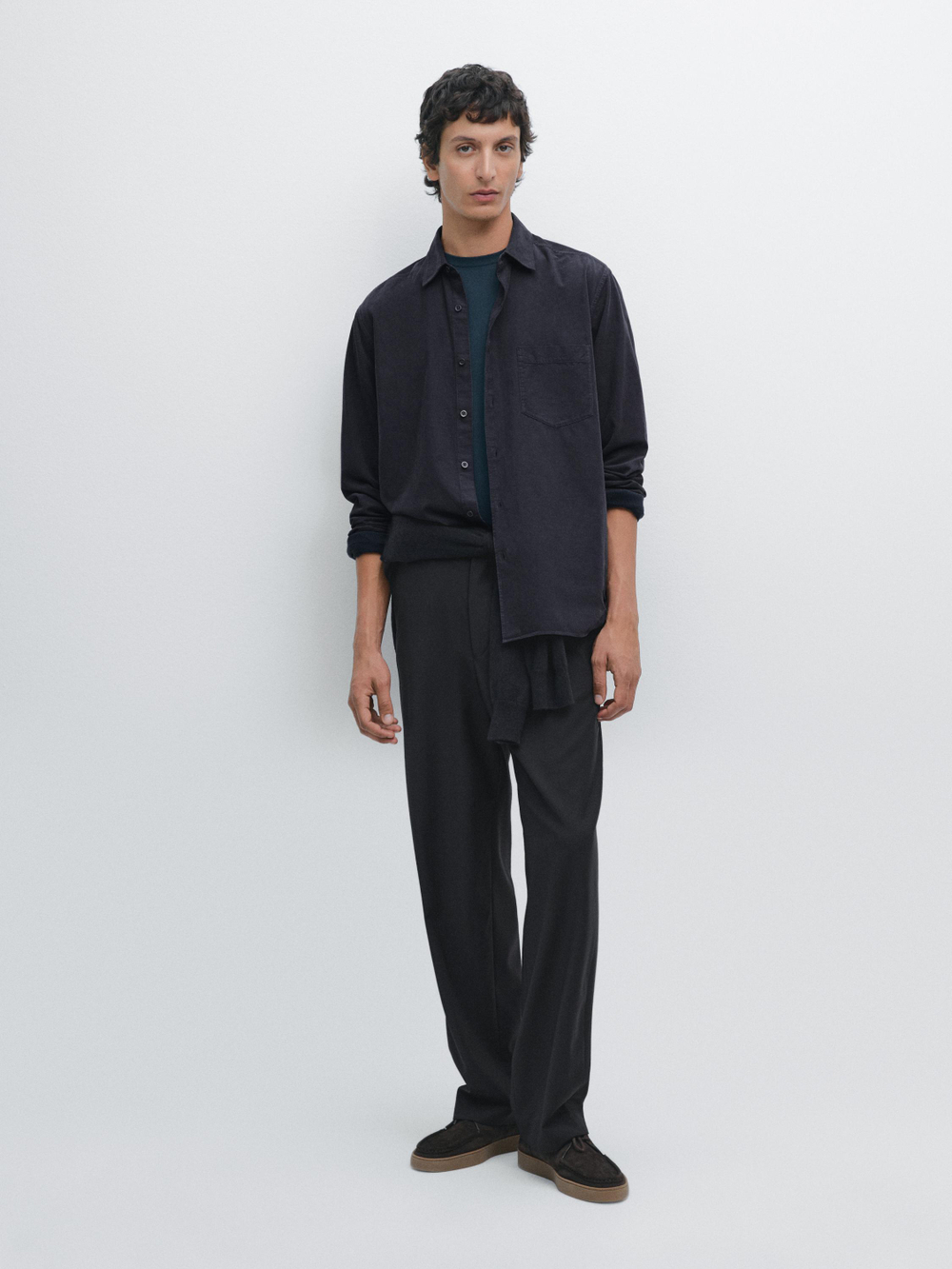 Massimo Dutti Рубашка классического кроя в тонкий рубчик, синий