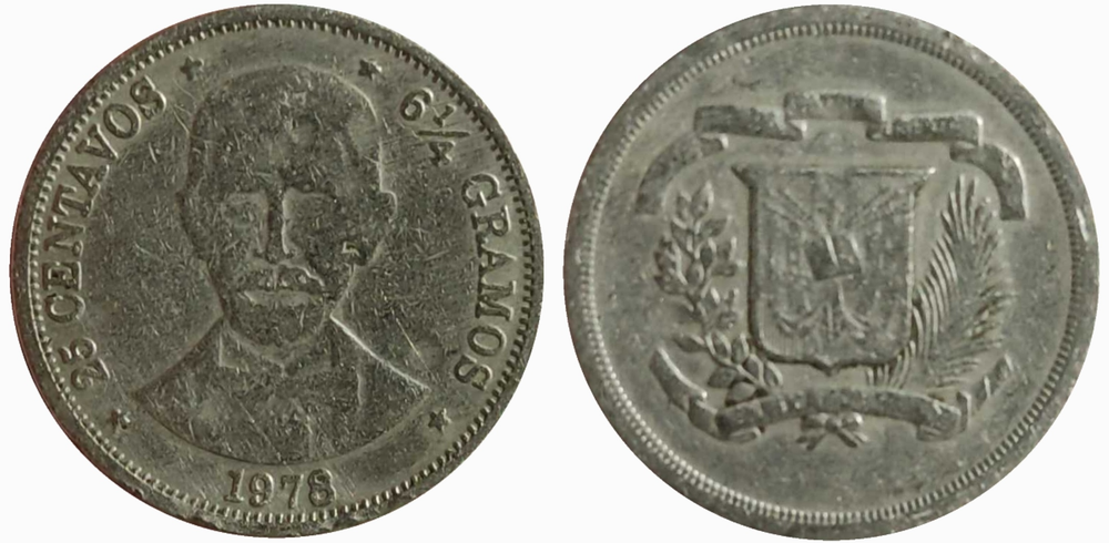 Доминикана 25 сентаво, 1978 - 1981 Хуан Пабло Дуарте F