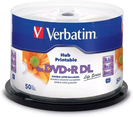 Оптический диск Verbatim DVD+R DL 8.5GB 8X Life Series Inkjet Printable, Spindle, 50 шт