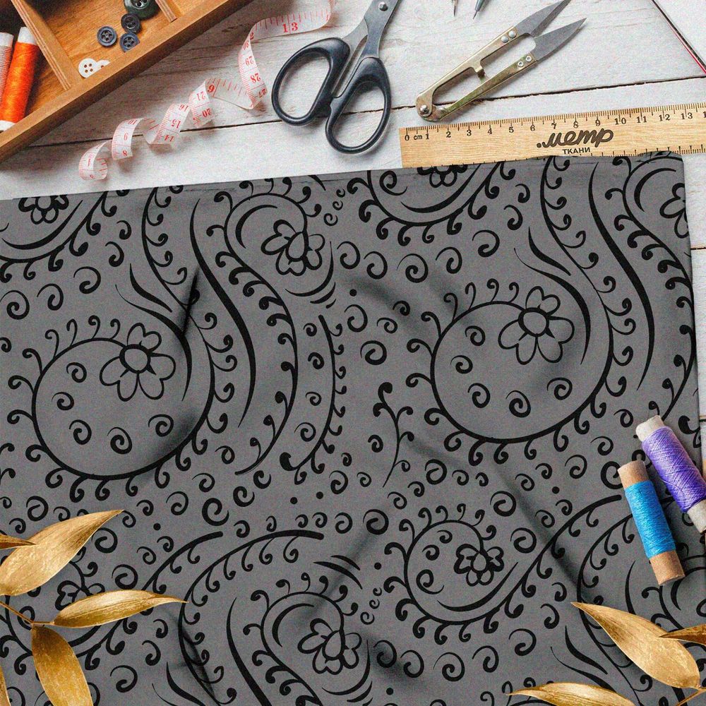 Ткань футер 2-х нитка чёрные цветы и листья на коричневом фоне