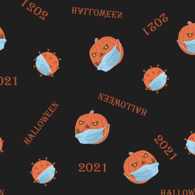 Halloween 2021 , тыква в маске и коронавирус на черном фоне