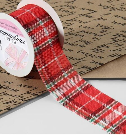 Лента из джута 50мм, клетка красный/белый, 2290302