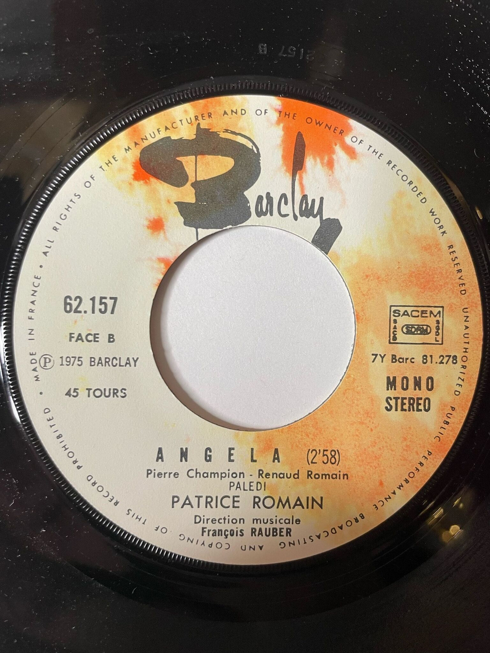 Винтажная виниловая пластинка LP Patrice Romain Oh! Que Je T'Aime (France 1975) 7 дюймов