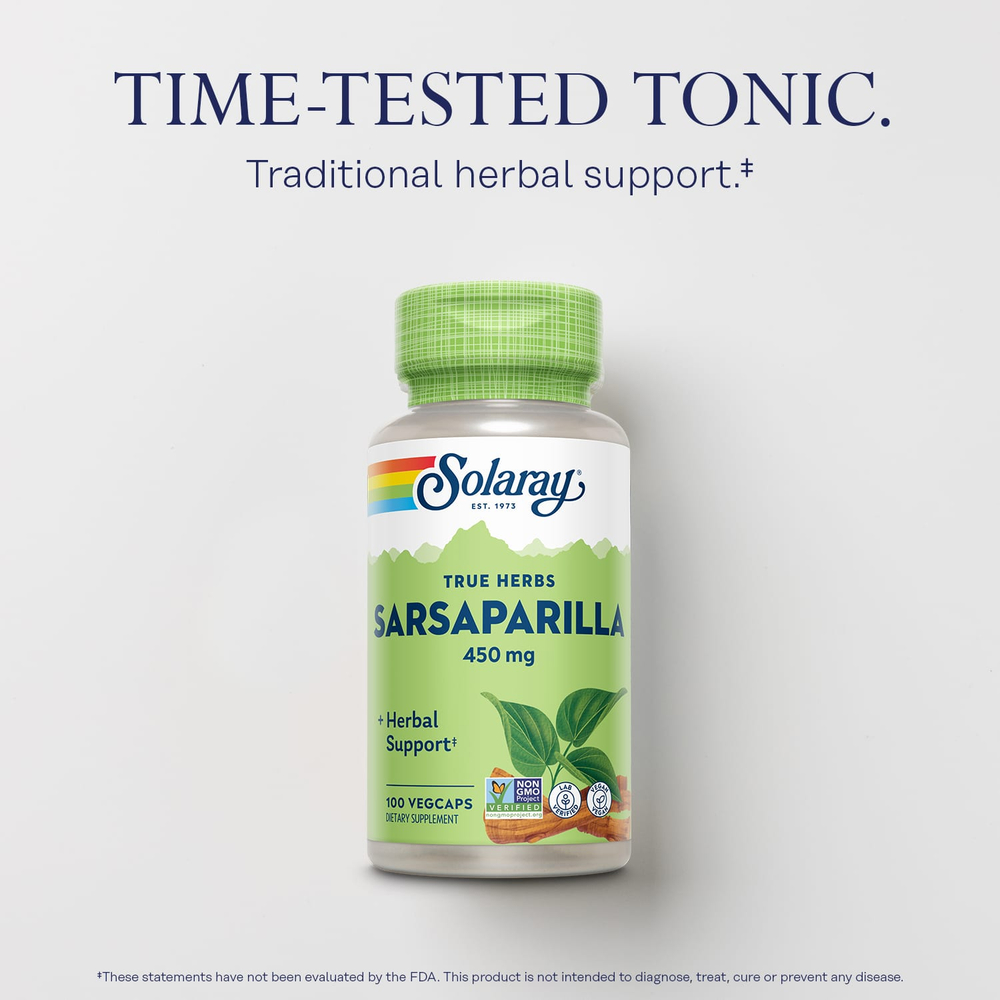 Solaray, True Herbs, сарсапариль, 450 мг, 100 вегетарианских капсул