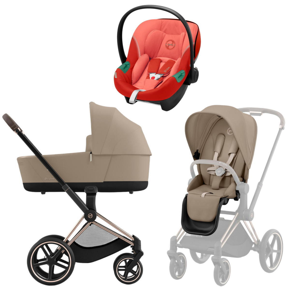 Коляска 3 в 1 Cybex Priam IV Rosegold complete и автокресло Aton S2 i-Size Hibiscus Red Cozy Beige