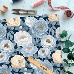 Ткань премиум атлас пастельные пионы на темном фоне