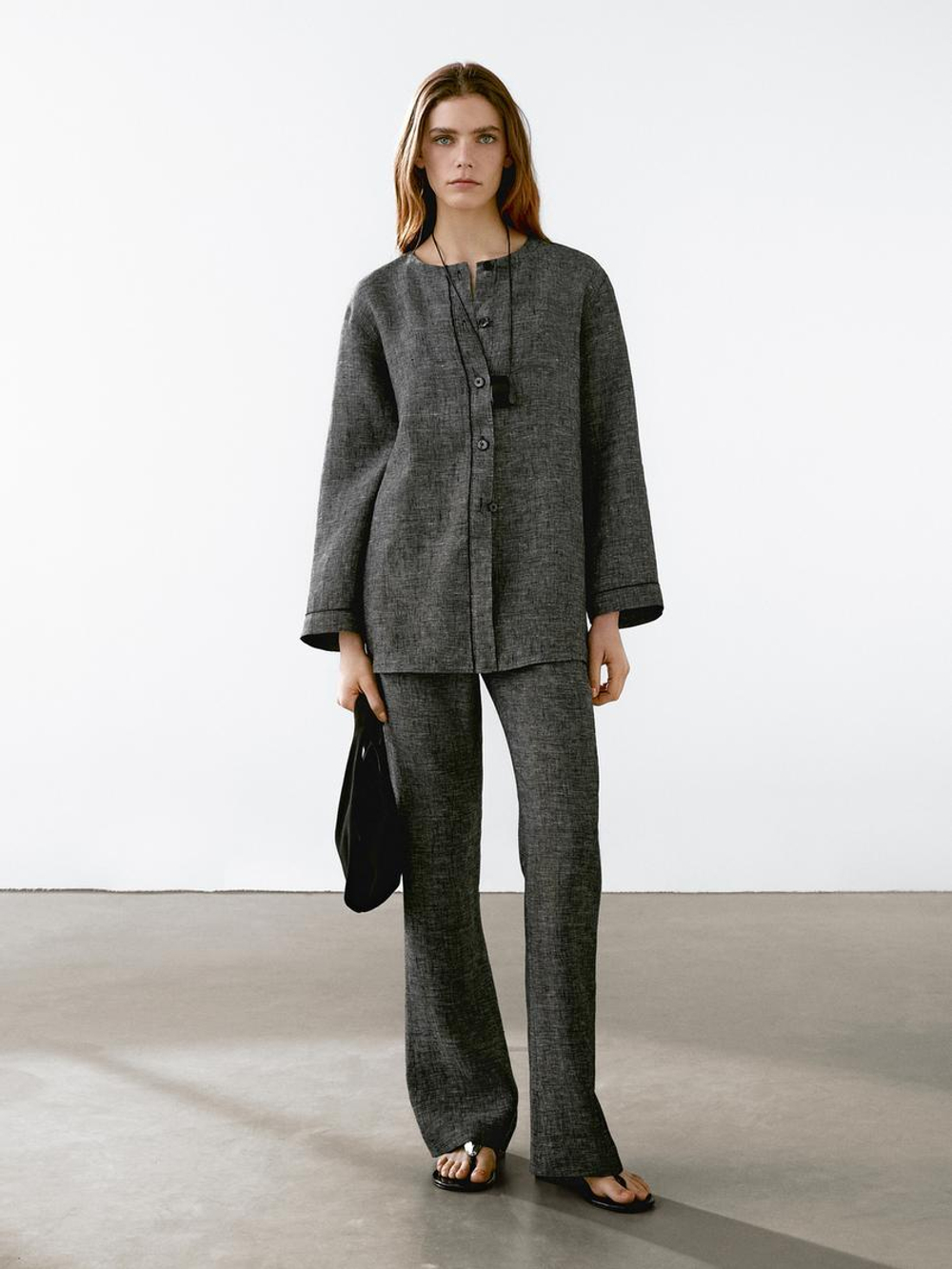 Massimo Dutti Куртка из 100% льна с декоративной отделкой, черный