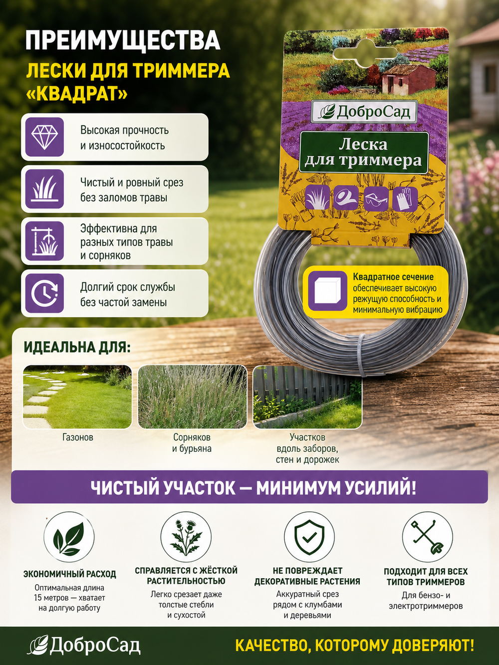 Леска для триммера 2,4мм*15м усиленная квадрат ДоброСад