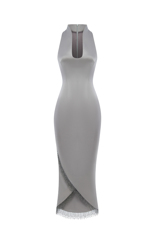 Платье миди из сатина с отделкой из бахромы