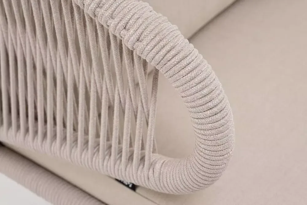 "Милан" кресло плетеное из роупа, каркас алюминий белый муар, роуп бежевый круглый, ткань бежевая 052