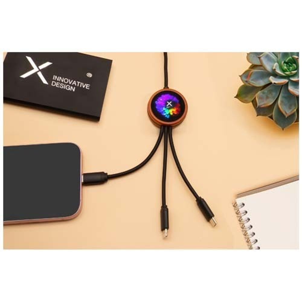 SCX.design C37 Зарядный кабель 5 в 1 из переработанного PET-пластика со светящимся логотипом и скругленным деревянным корпусо, мощностью 40 Вт