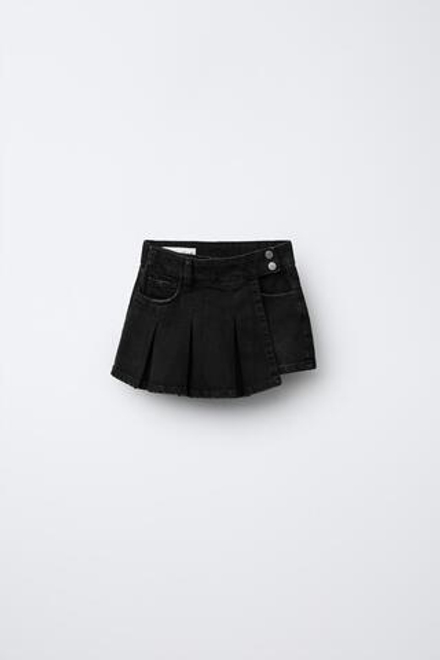 ZARA ДЖИНСОВАЯ ЮБКА-ШОРТЫ СО СКЛАДКАМИ, ЧЕРНЫЙ
