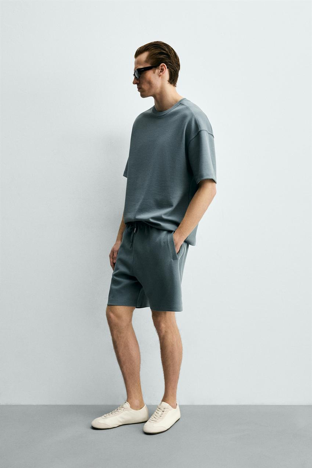 ZARA ФУТБОЛКА RELAXED FIT ИЗ ИНТЕРЛОКА, УТИНО-СИНИЙ
