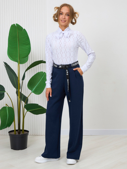 Брюки утепленные для девочки палаццо с ремнем "Fashion" тёмно-синие