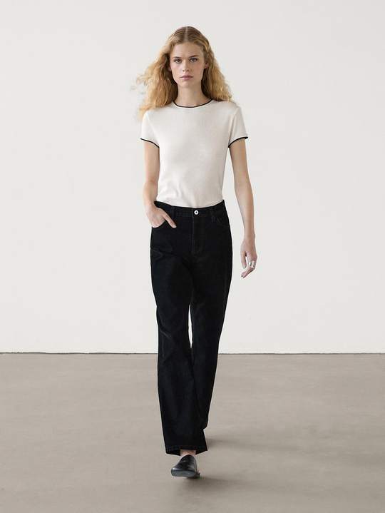 Massimo Dutti Футболка из тонкой ткани с контрастными деталями, натуральный, кремовый