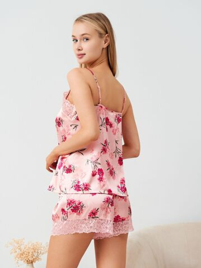 Нежный комплект из искусственного шелка с цветочным принтом (Размер: S) (Цвет: розовый)