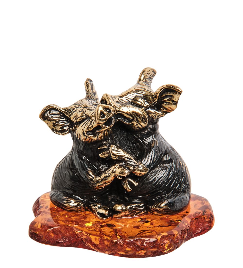 Народные промыслы AM-2178 Фигурка «Поросята» (латунь, янтарь)