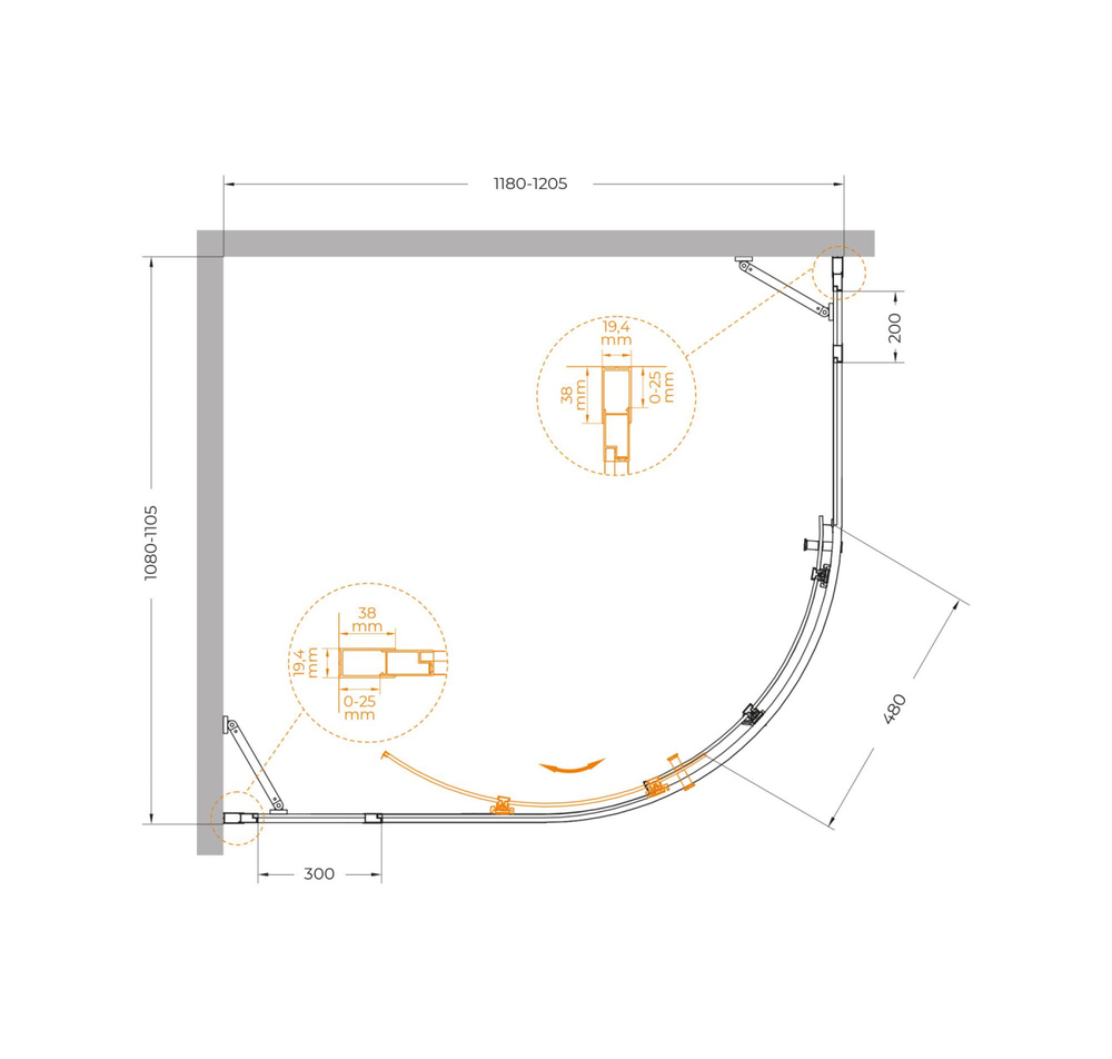 Душевой уголок Cezares MOLVENO-RH-11-120/110-C-Cr-IV, 120х110х195, профиль брашированное золото, прозрачное стекло