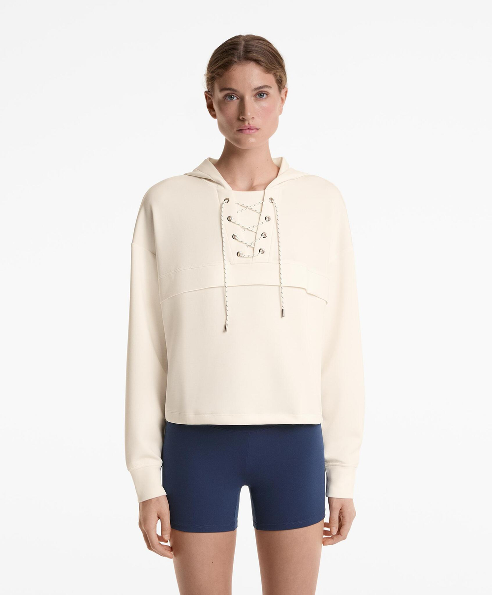 Oysho Толстовка мягкая на ощупь с перекрещивающимися шнурками и модалом, бежевый