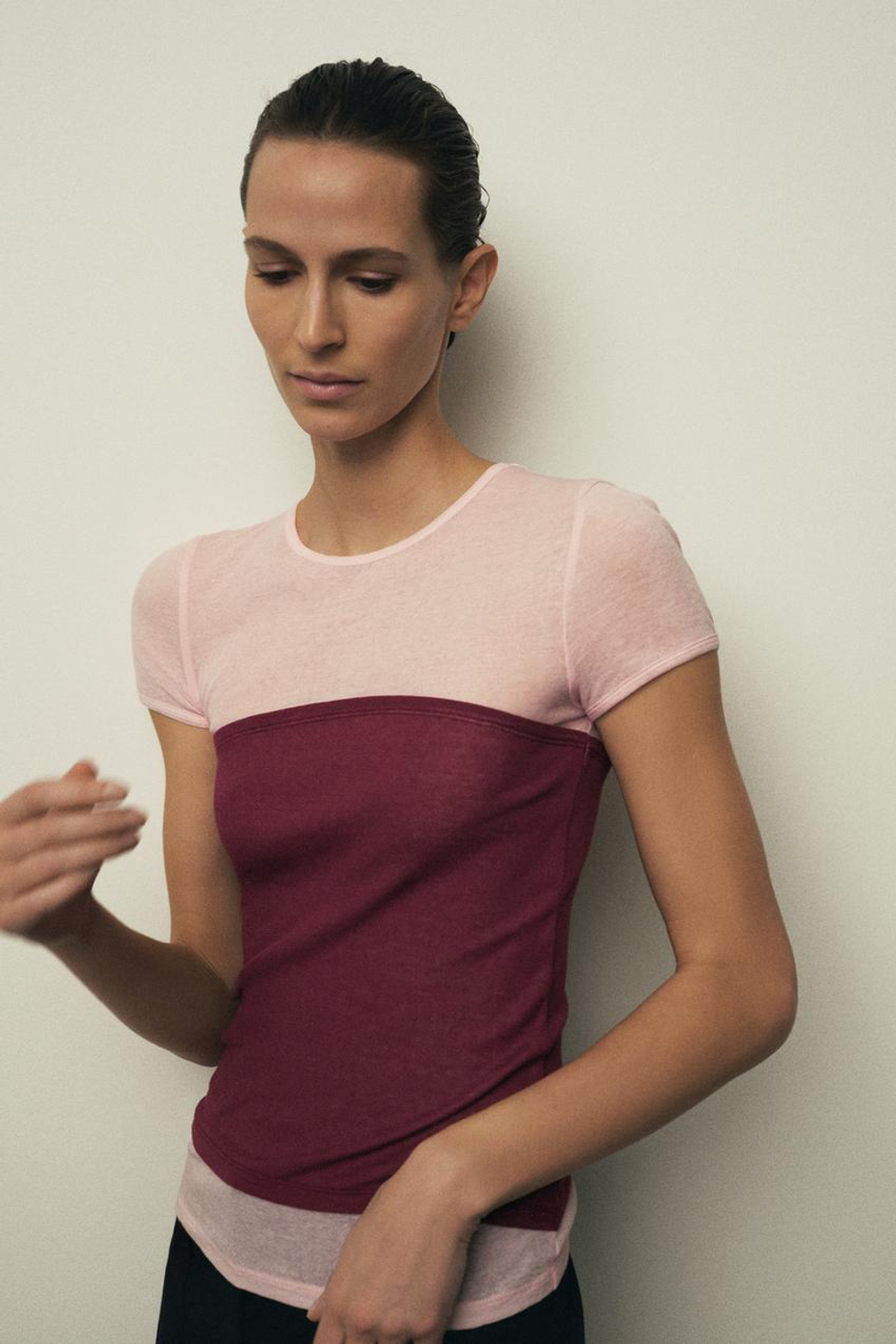 ZARA ФУТБОЛКА SUPIMA® С ЭФФЕКТОМ ДВОЙНОЙ ТКАНИ, БУРГУНДИ