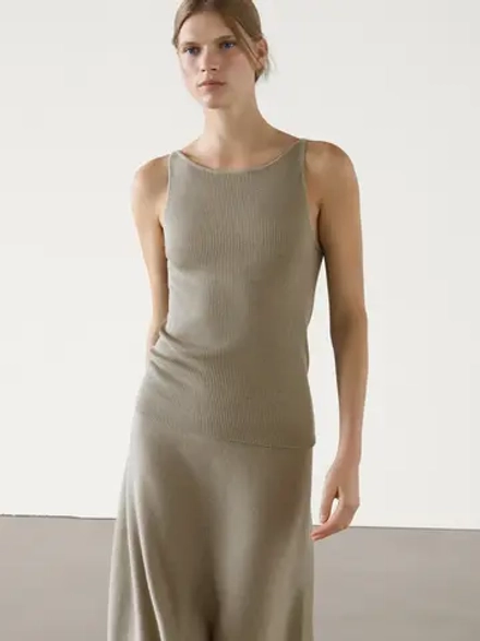 Massimo Dutti Трикотажный топ с вырезом «лодочка», серовато-зеленый